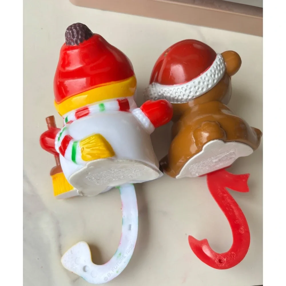 Vintage 1985 Future Christmas Stocking Holders Snowman Bear Mantel Hangers Set 2